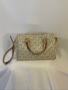 Michael Kors Cream/Tan MK Logo Satchel with Gold Hardware